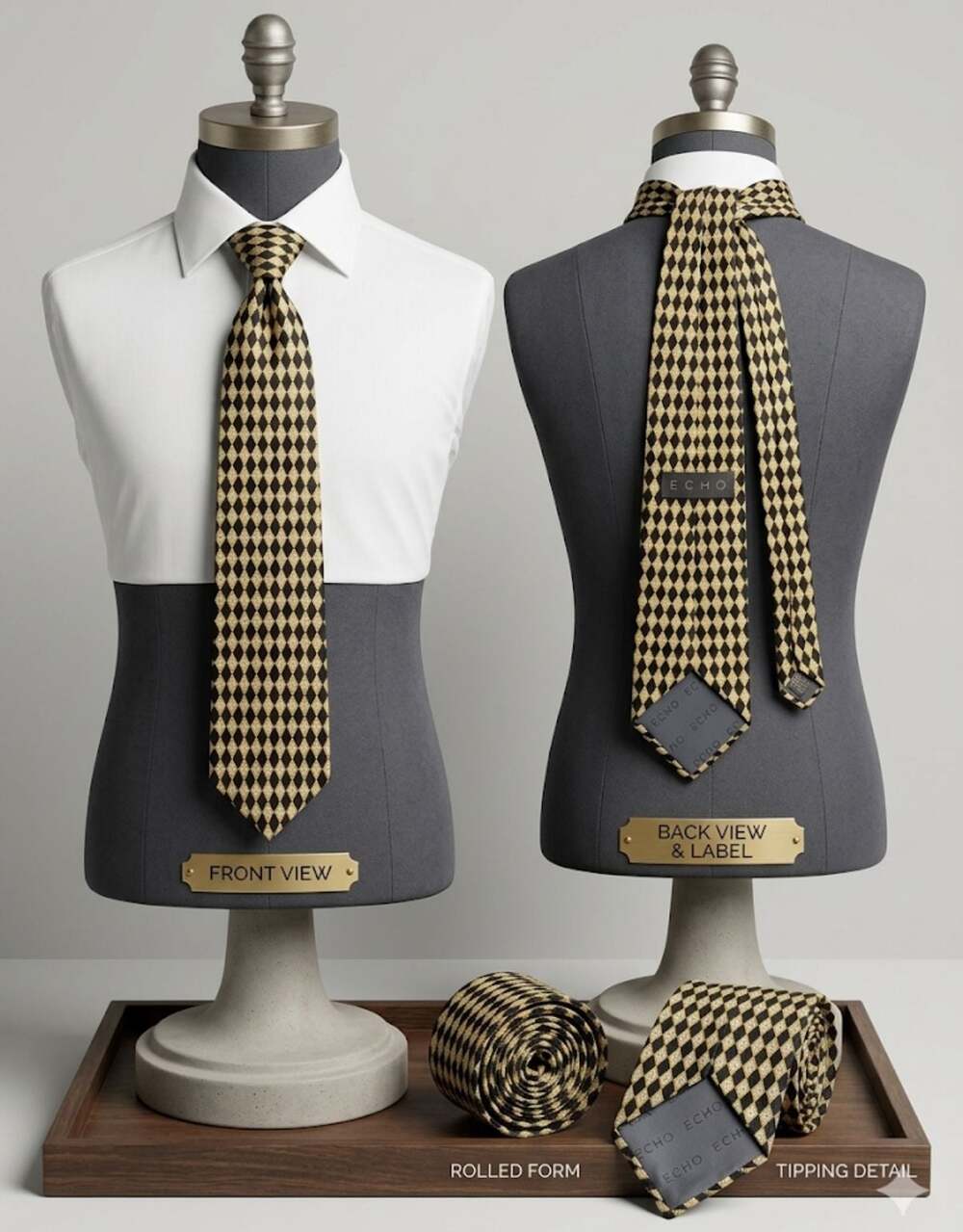 Echo Silk Necktie Black and Gold Diamond Geometric Pattern